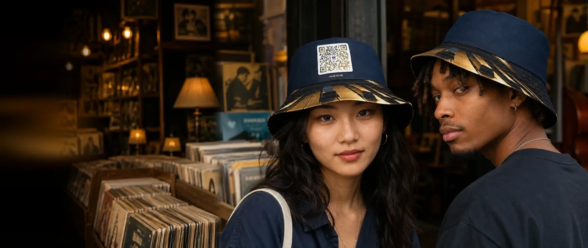 Deux bobs bleu marine à QR code personnalisé, portés chez un disquaire