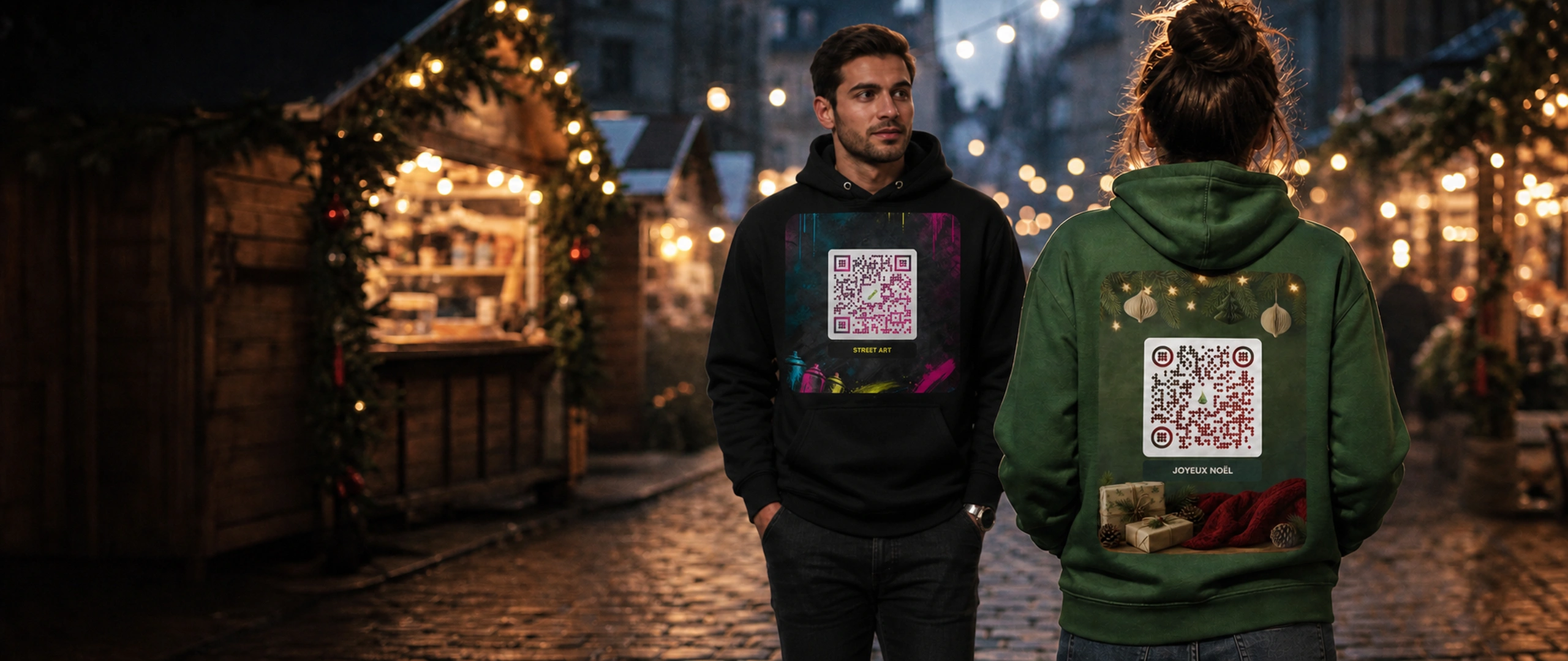 Sweats à capuche noir et vert à QR code personnalisé, portés sur un marché de Noël