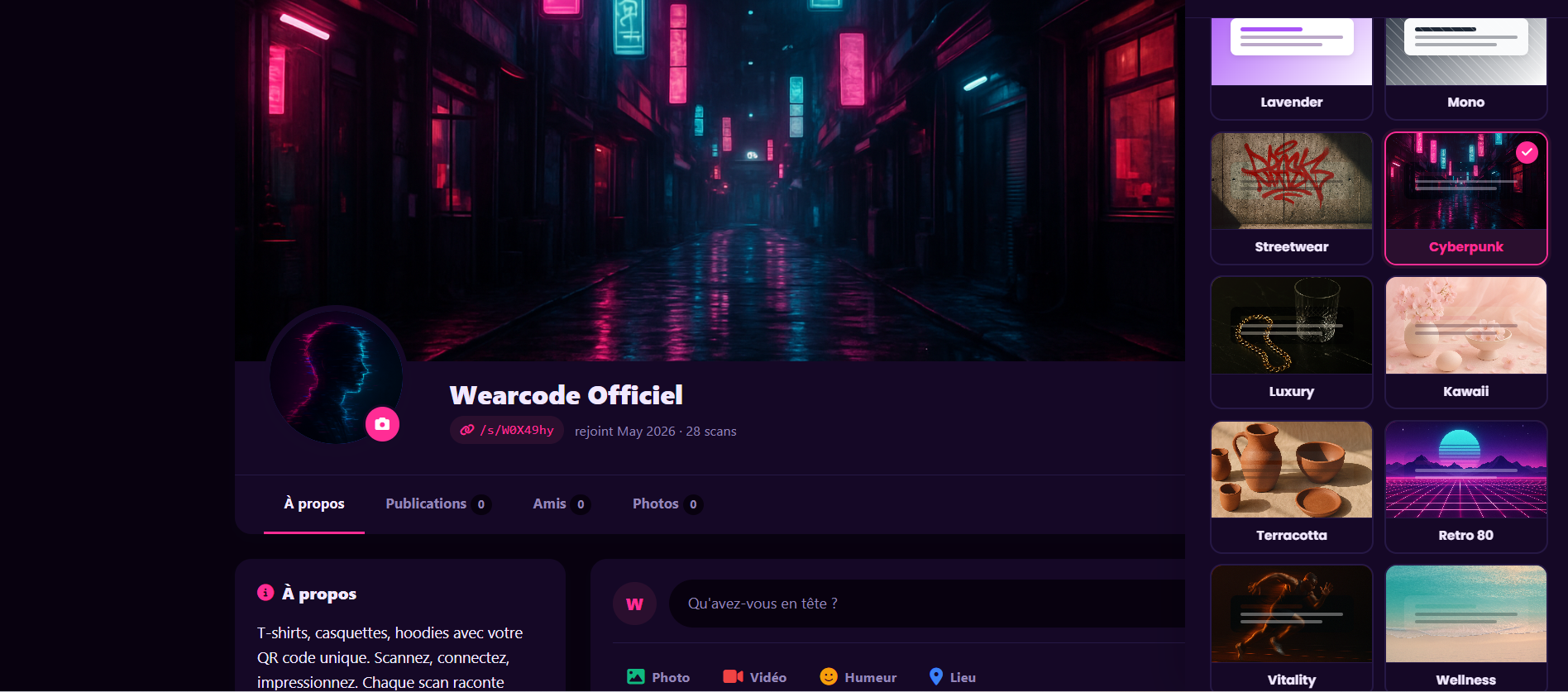 Page profil wearcode, thème Cyberpunk