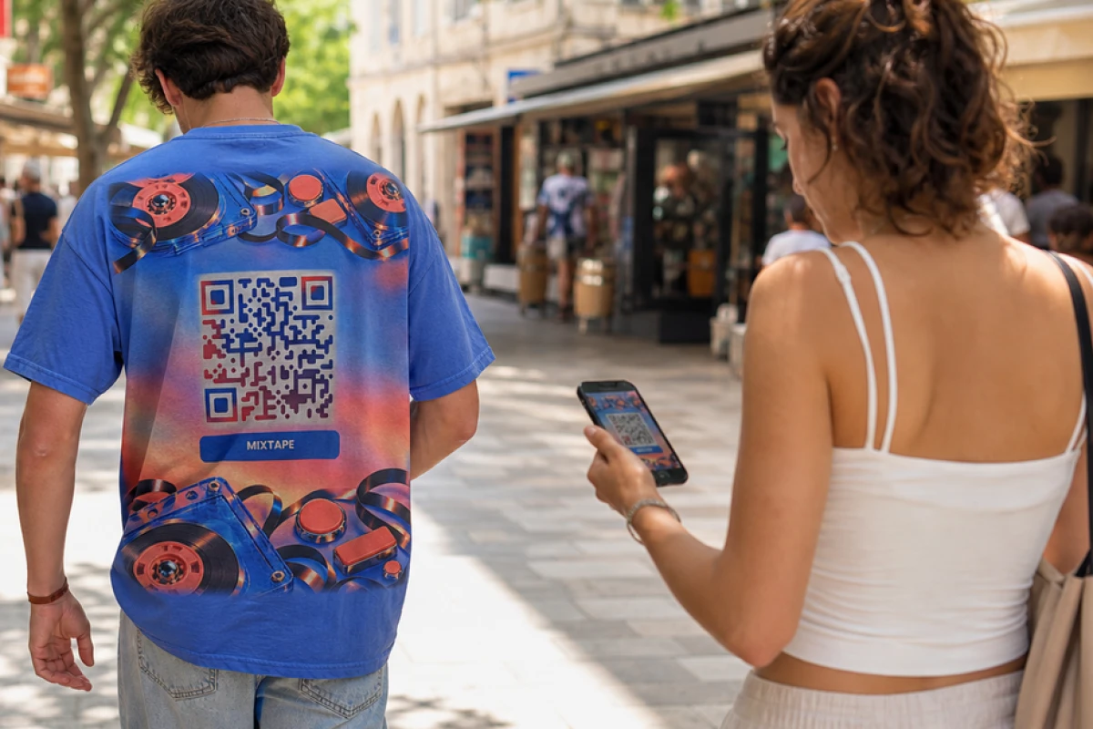 Une femme scanne avec son téléphone le QR code imprimé au dos du t-shirt d un passant, dans une rue commerçante ensoleillée