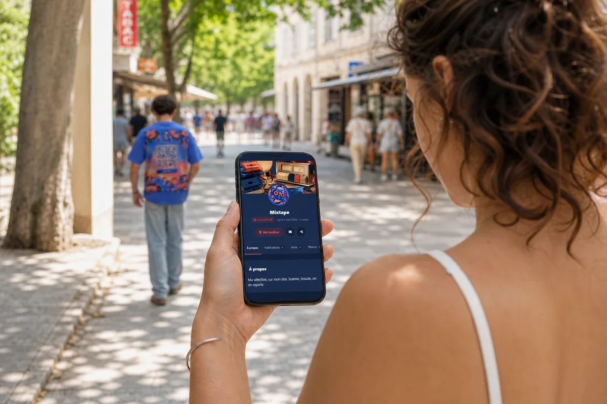 Le téléphone affiche la page profil Wearcode ouverte par le scan du QR code, avec sa couverture, son avatar et sa présentation