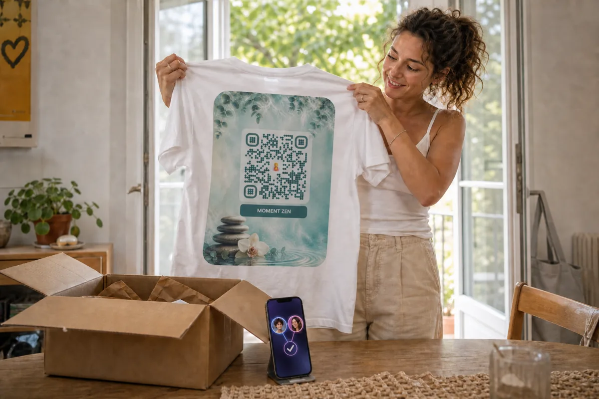 Une femme déballe son colis et déplie son t-shirt Wearcode imprimé du QR code, pendant que son téléphone affiche la demande d amitié acceptée