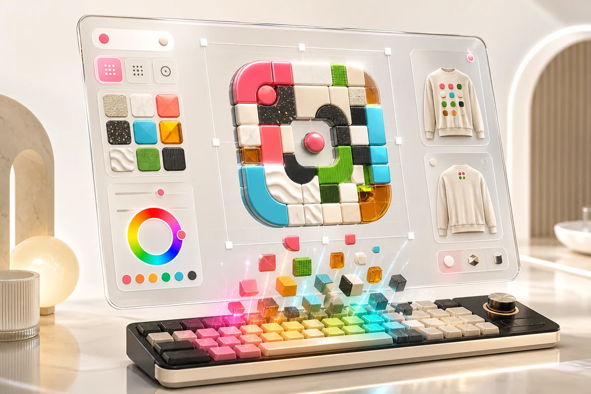 Éditeur wearcode : un QR code en cours de composition, entouré de couleurs, de textures et d'aperçus sur vêtement