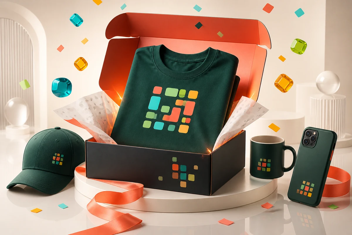 Colis wearcode ouvert : t-shirt, casquette, mug et coque de téléphone portant tous le même motif