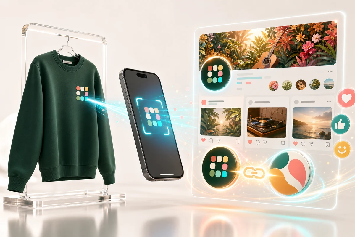 Un téléphone scanne le motif d'un sweat et ouvre la page profil wearcode, façon réseau social