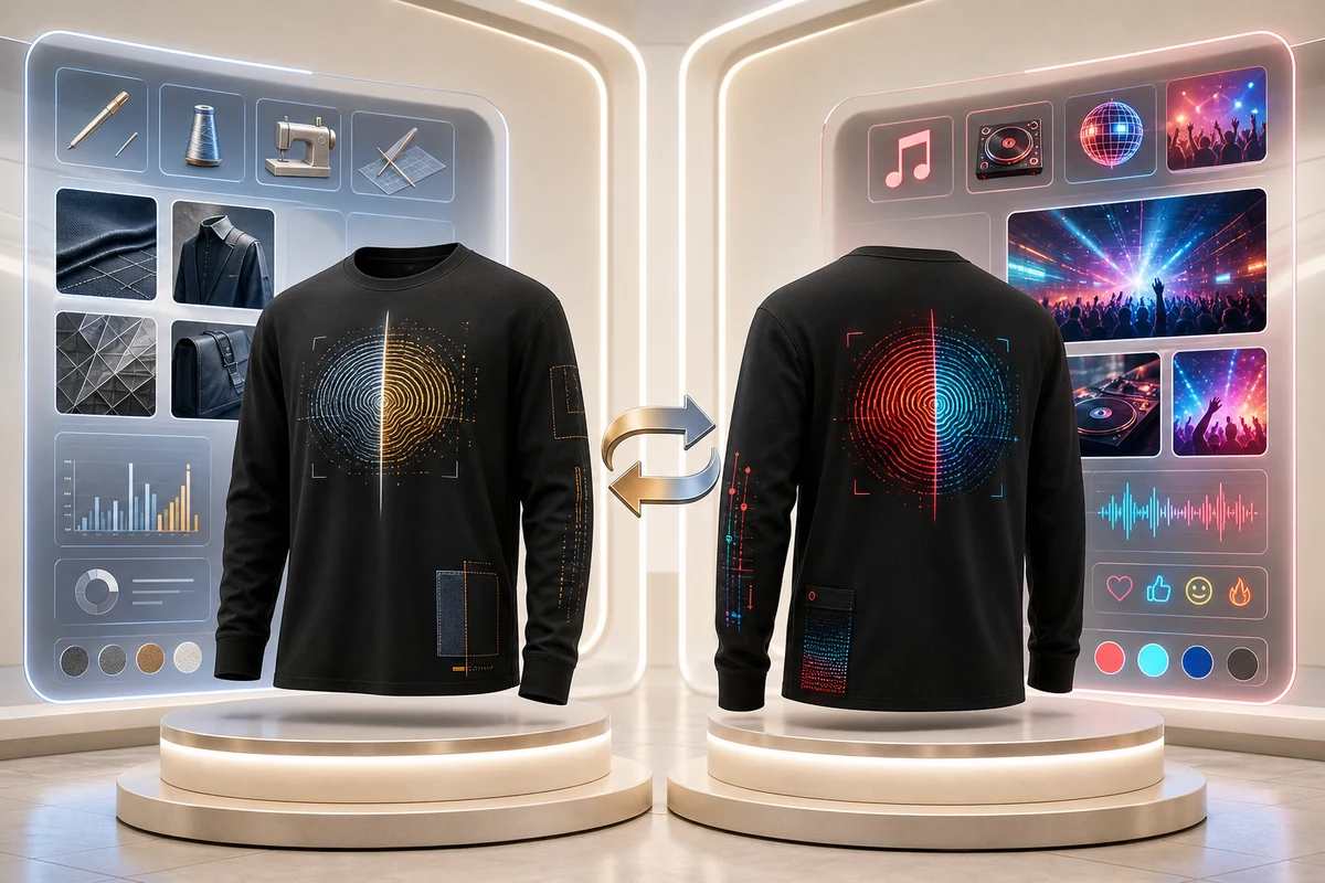 Un sweat vu de face et de dos, chaque face portant son propre QR code et ouvrant un univers différent