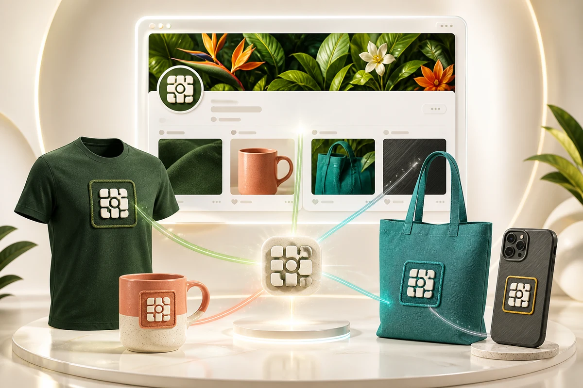 T-shirt, mug, tote bag et coque de téléphone portant tous le même QR code, reliés à une seule page profil