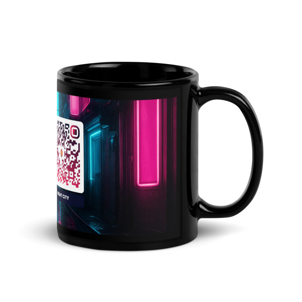 Mug noir brillant QR code personnalisé — design statement contraste inverse sublimation