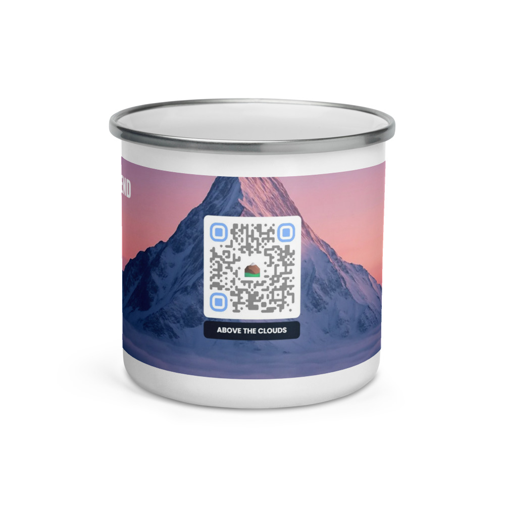 Mug émaillé QR code personnalisé — camping vintage bordure argentée outdoor randonnée