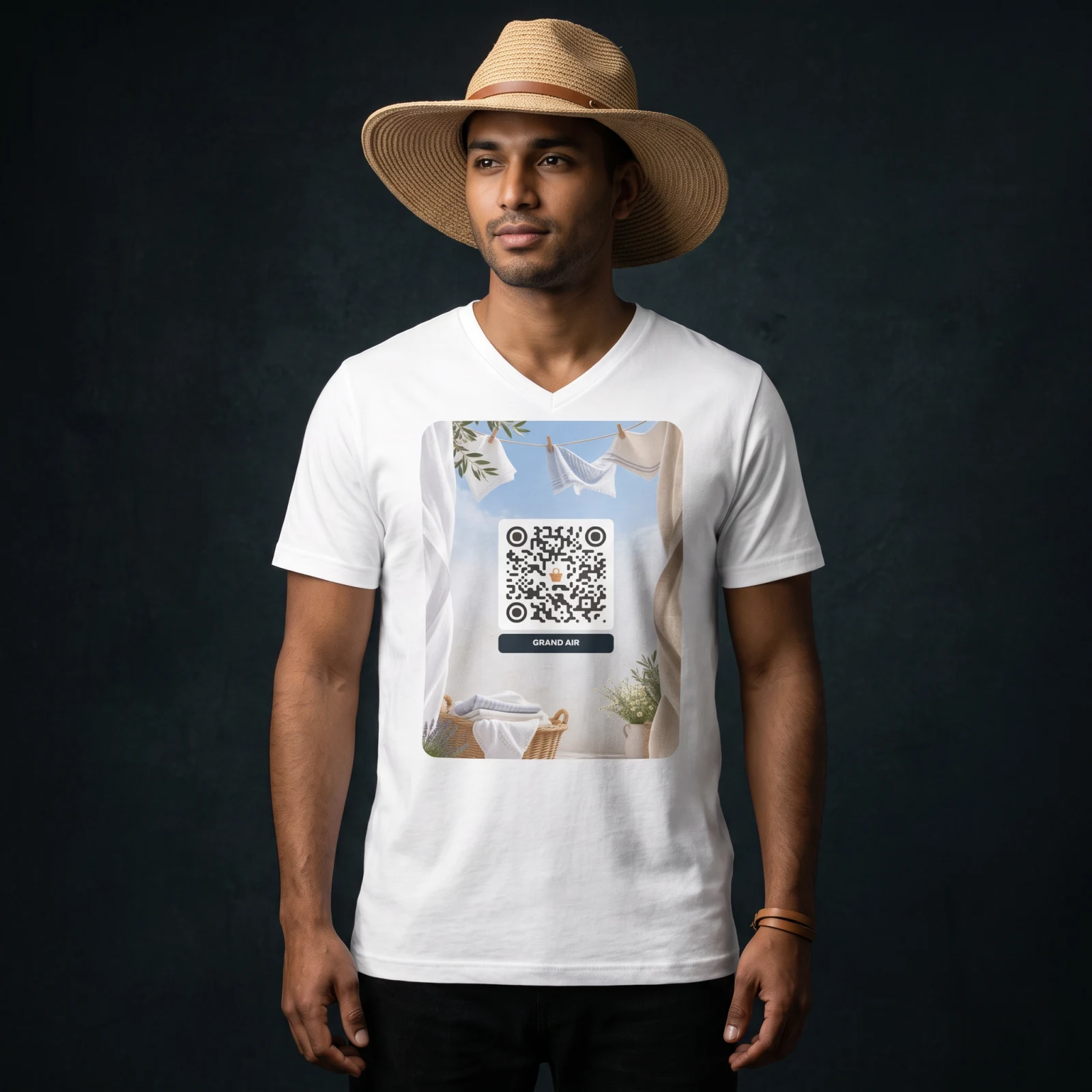 T-shirt col V QR code personnalisé — look casual chic – Blanc