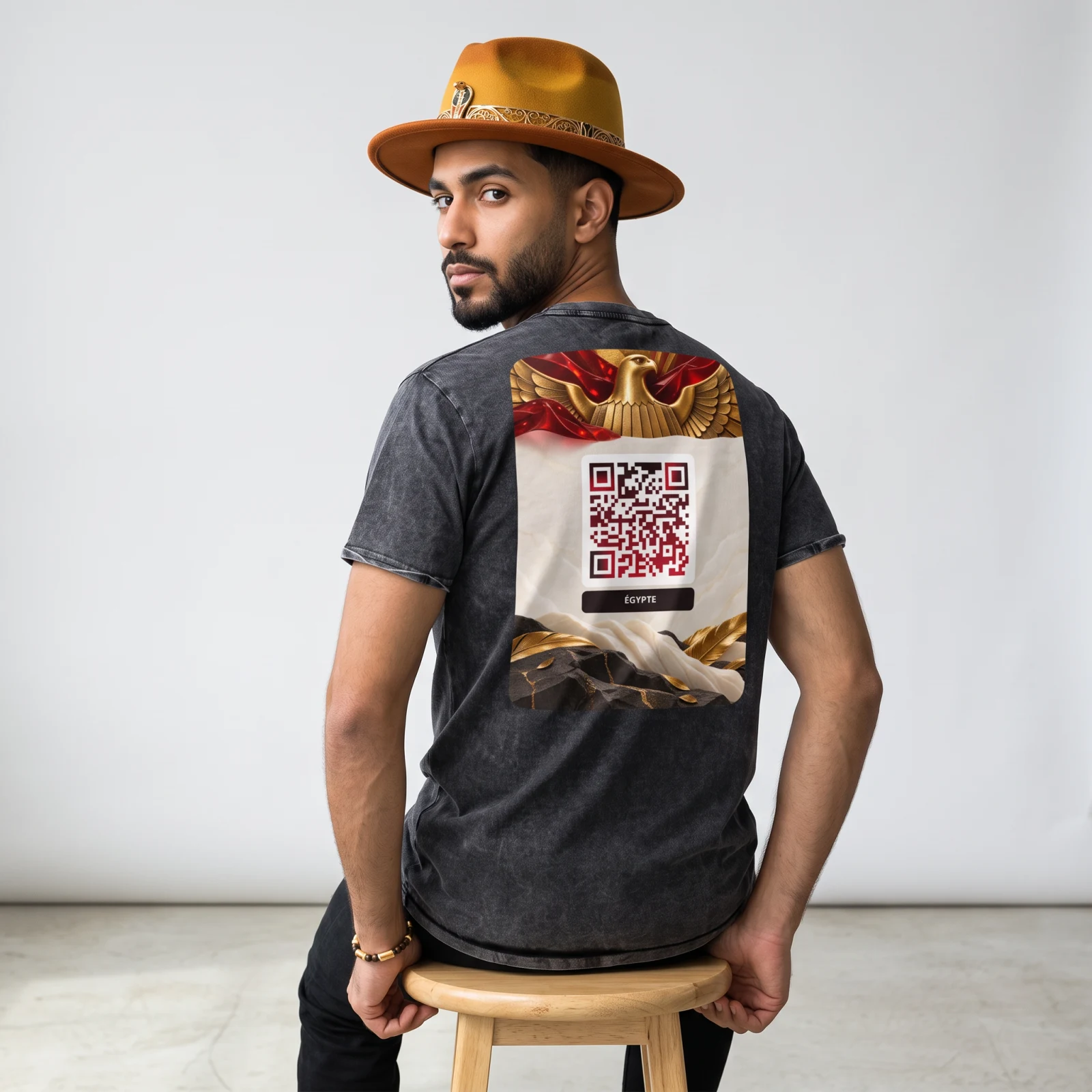 T-shirt effet denim QR code personnalisé — washed vintage – Noir