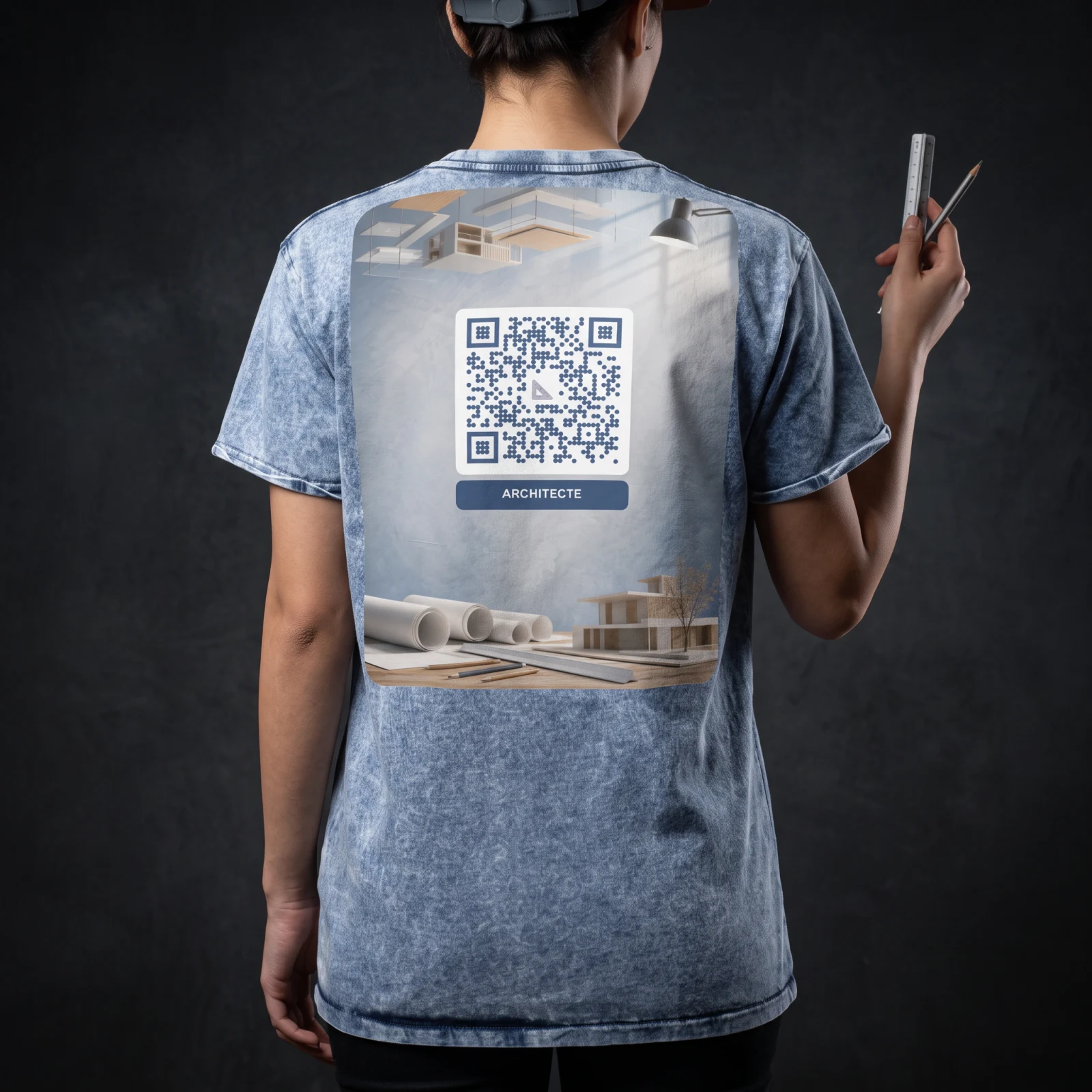 T-shirt effet denim QR code personnalisé — washed vintage – Bleu Denim