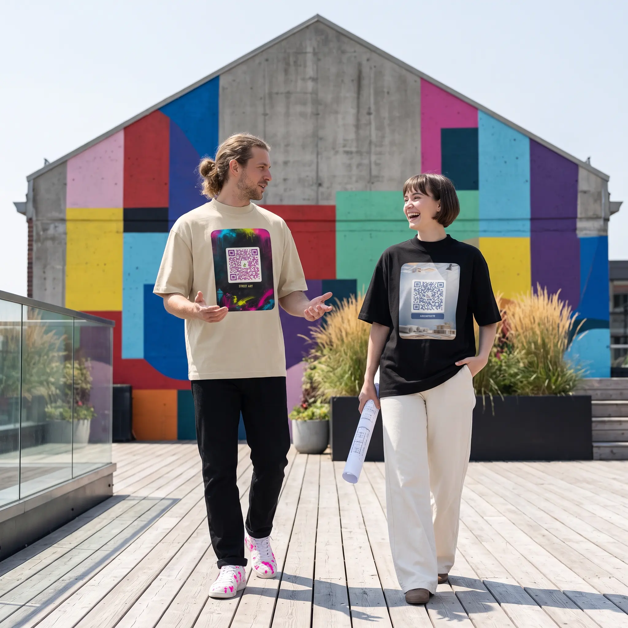 T-shirt QR code personnalisé col montant oversize — coton bio