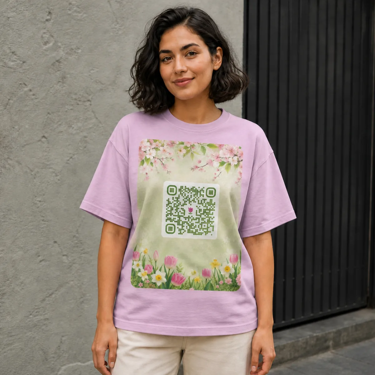 T-shirt boxy lourd femme QR code — coton US teint en pièce vintage