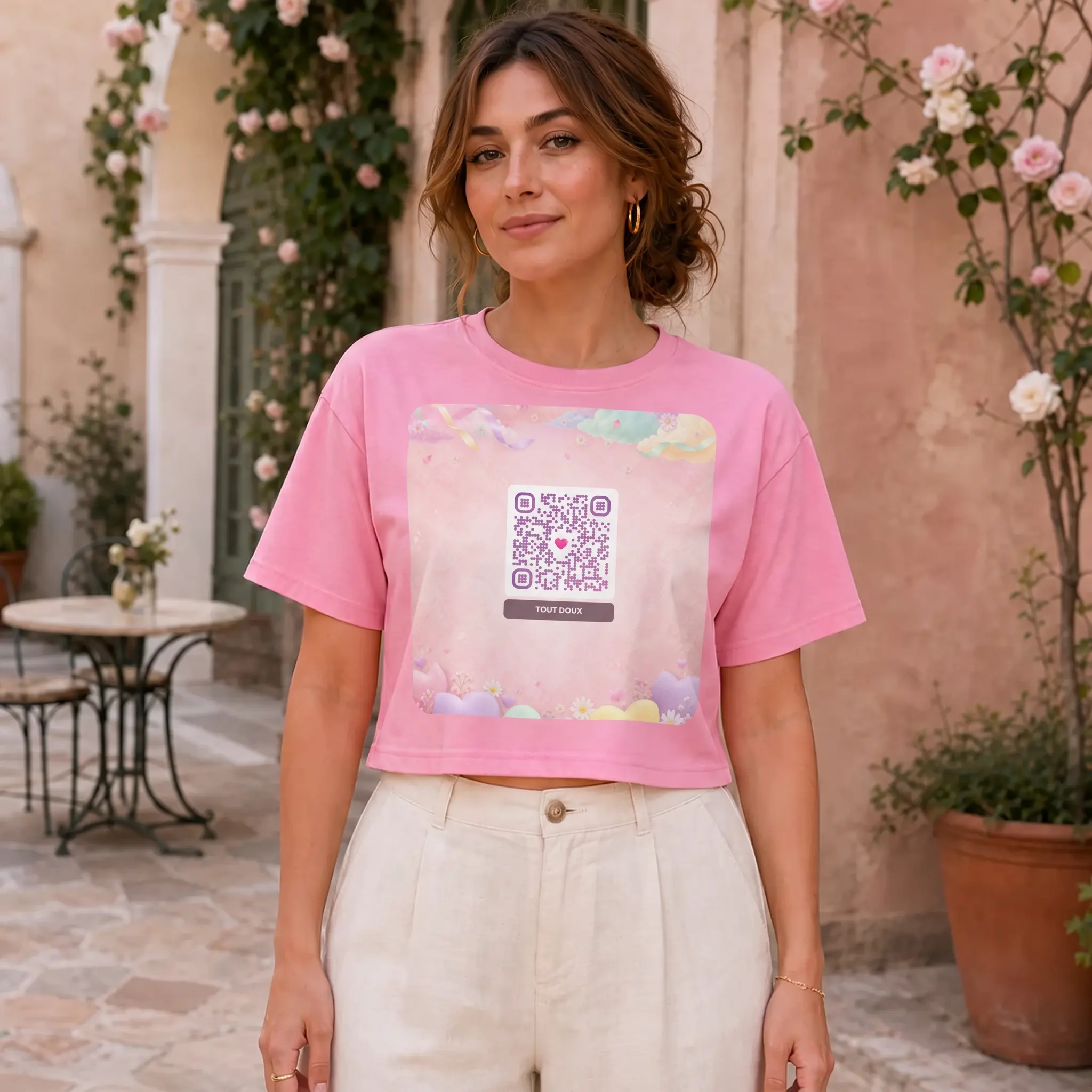 Crop top QR femme bio — palette pastel coton organique