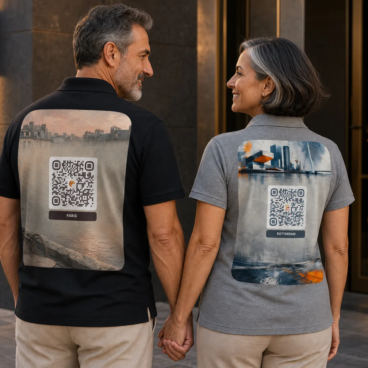 Polo piqué QR premium unisex — impression DTF poitrine + dos — Gris Chiné