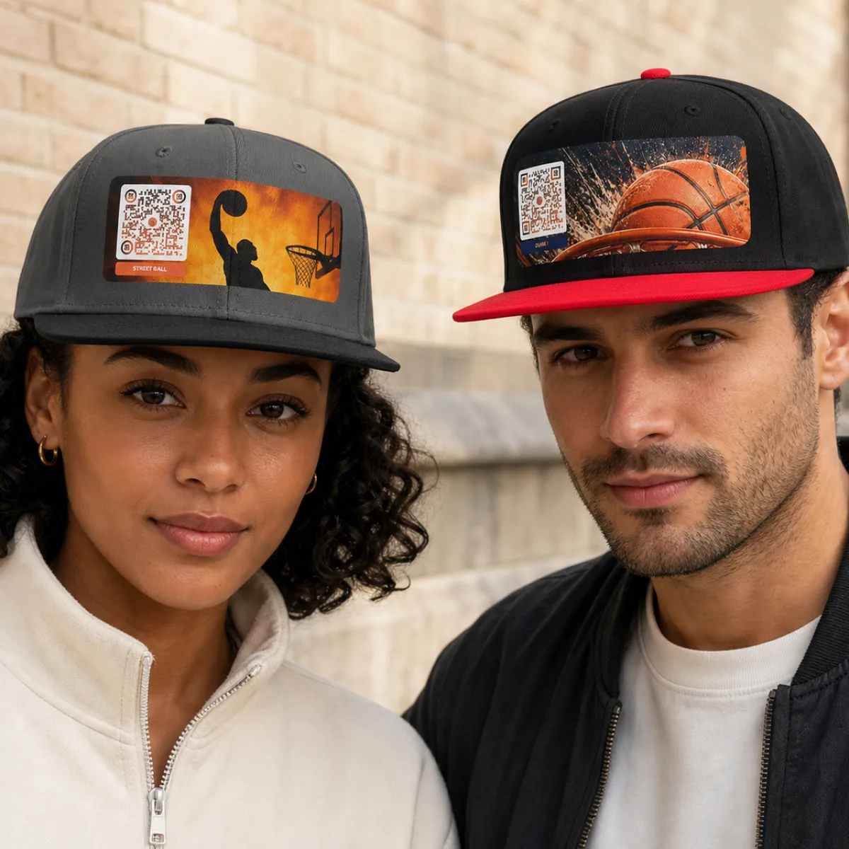 Casquette snapback QR code personnalisée — flat-bill 6 panneaux streetwear