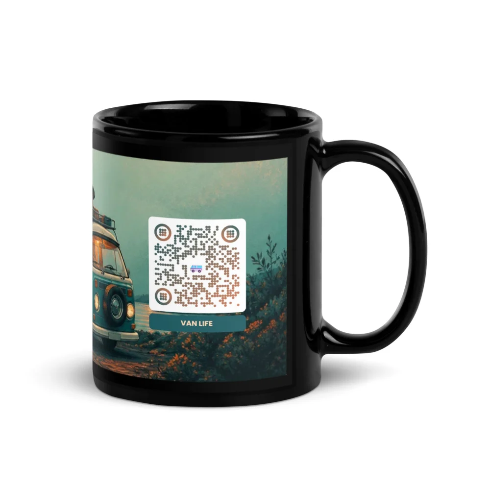 Mug noir brillant QR code personnalisé — design statement contraste inverse sublimation