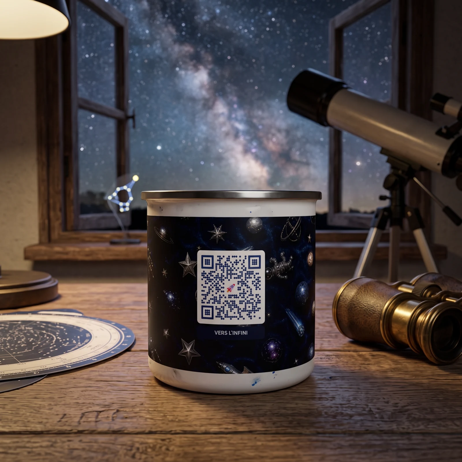 Mug émaillé QR code personnalisé — camping vintage bordure argentée outdoor randonnée