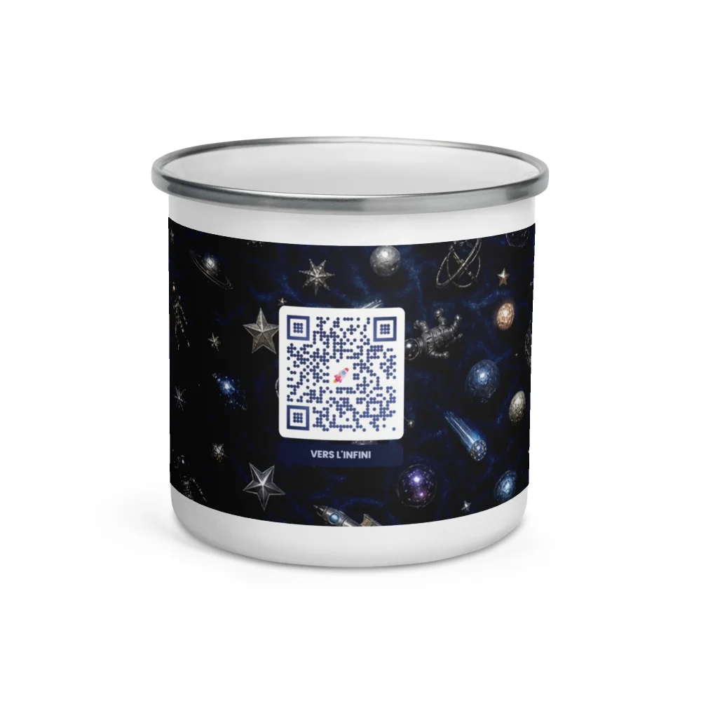 Mug émaillé QR code personnalisé — camping vintage bordure argentée outdoor randonnée — Blanc