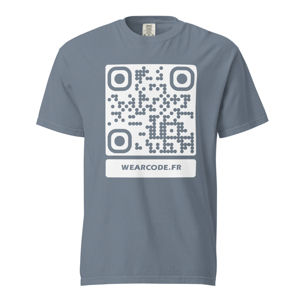 T-shirt QR code personnalisé heavyweight teinté pièce — coupe boxy — Bleu Jean