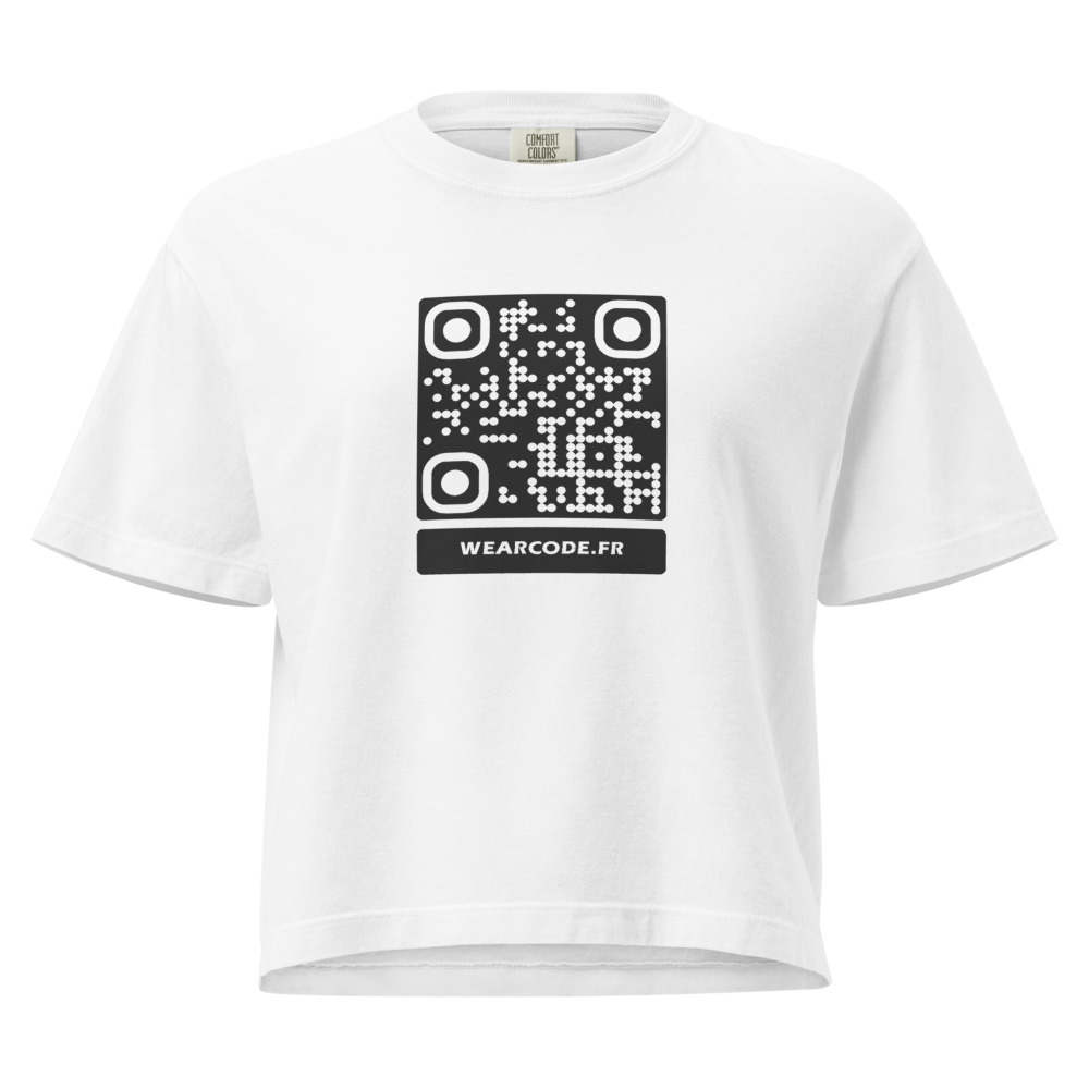 T-shirt boxy lourd femme QR code — coton US teint en pièce vintage — Blanc