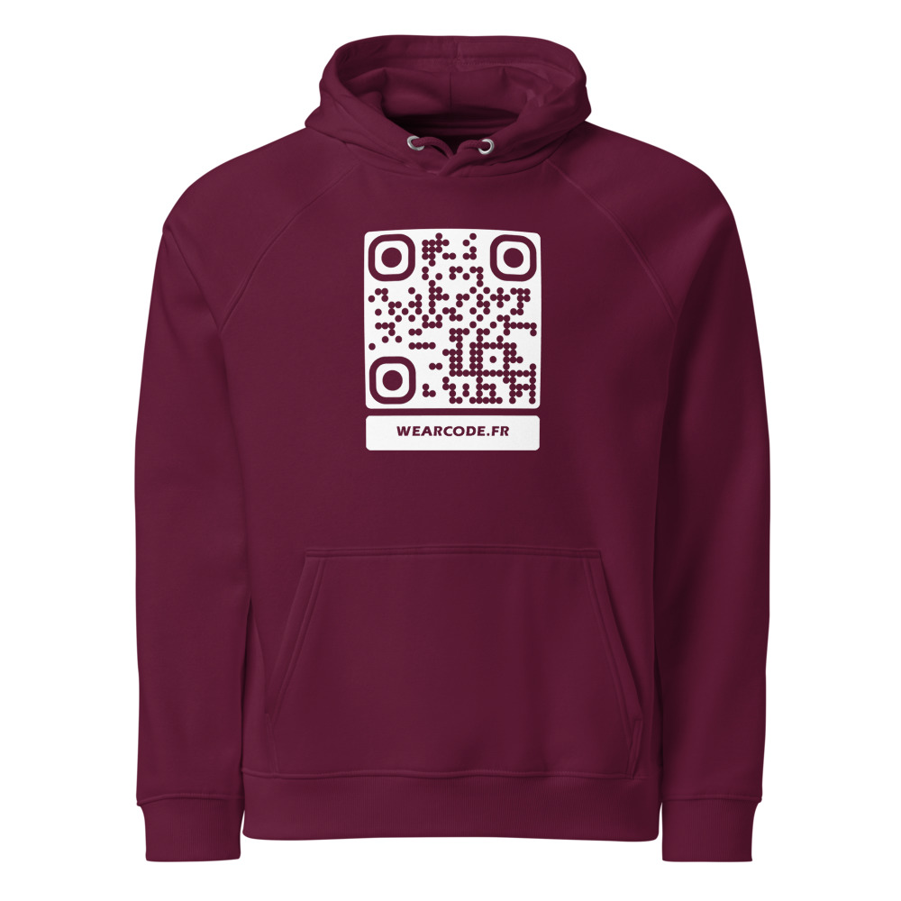 Sweat capuche raglan éco QR unisex — coton bio responsable — Bordeaux