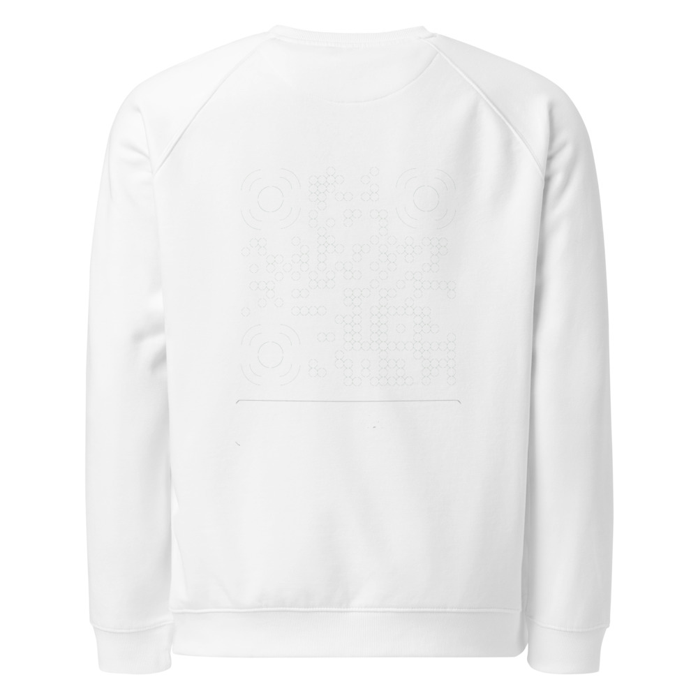 Sweat raglan éco col rond QR — vintage 70s sport bio responsable — Noir / Blanc / Blanc