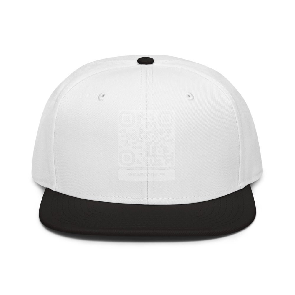 Casquette snapback QR code personnalisée — flat-bill 6 panneaux streetwear — Blanc