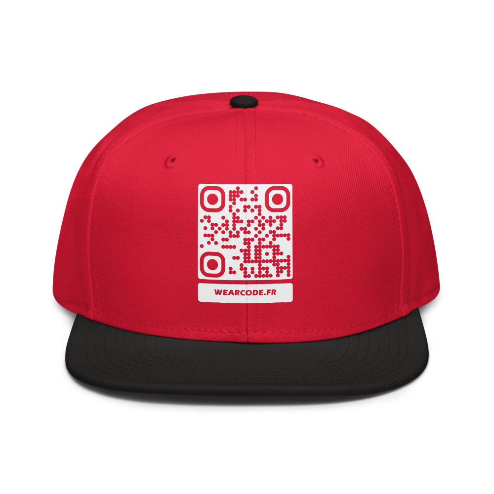 Casquette snapback QR code personnalisée — flat-bill 6 panneaux streetwear — Noir / Rouge / Rouge