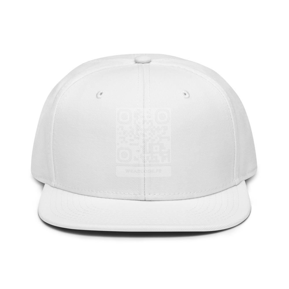 Casquette snapback QR code personnalisée — flat-bill 6 panneaux streetwear — Noir / Blanc / Blanc