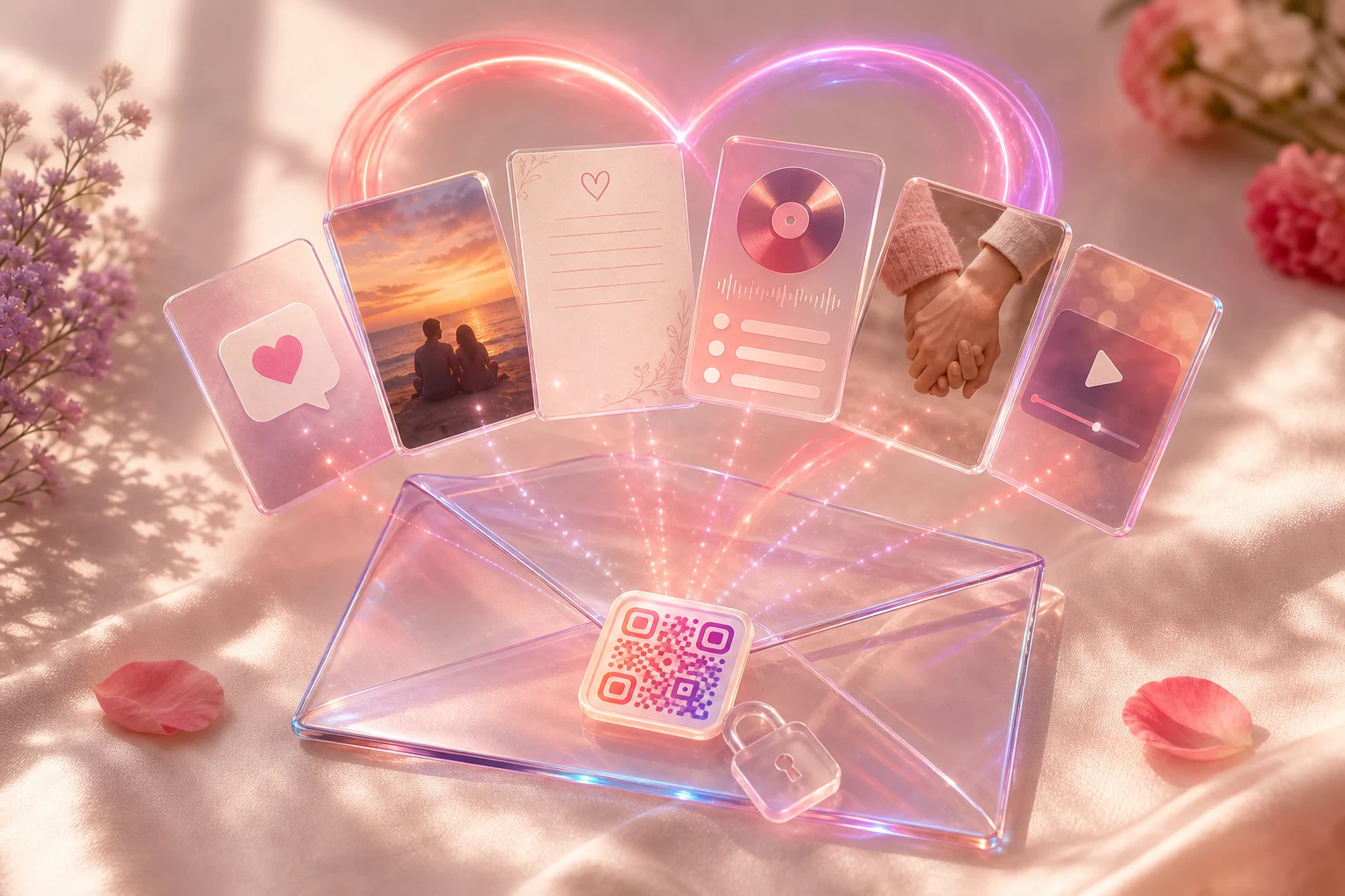 Une enveloppe scellée à QR code d où sortent des photos de couple, une lettre, une playlist et une vidéo Une enveloppe scellée à QR code d où sortent des photos de couple, une lettre, une playlist et une vidéo
