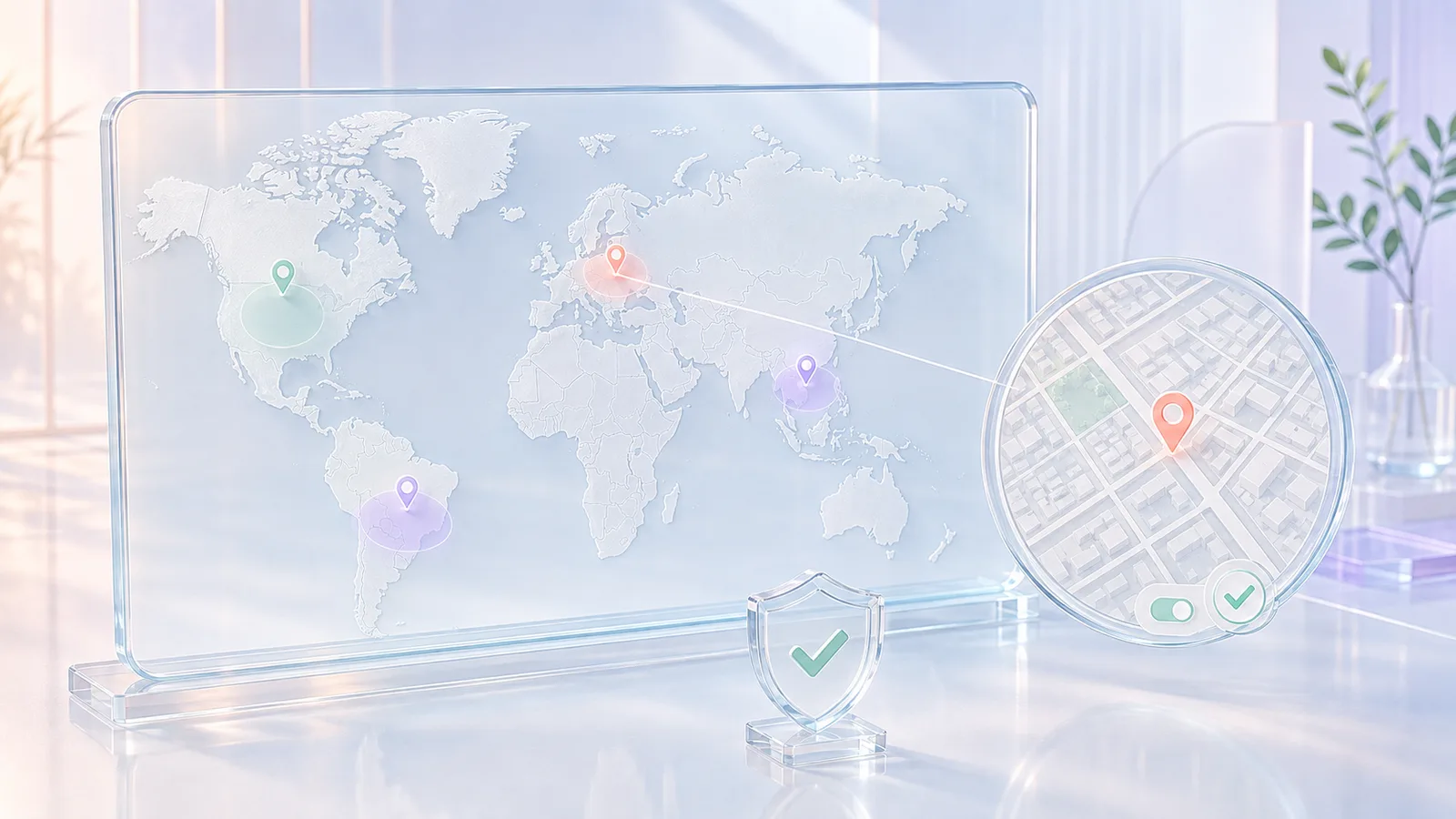 Une carte du monde où les scans forment des zones approximatives, un zoom de rue avec un point précis, et un bouclier de confidentialité Une carte du monde où les scans forment des zones approximatives, un zoom de rue avec un point précis, et un bouclier de confidentialité
