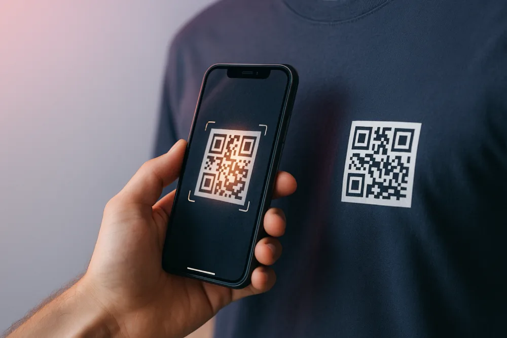 Téléphone qui scanne un QR code imprimé sur un t-shirt Téléphone qui scanne un QR code imprimé sur un t-shirt