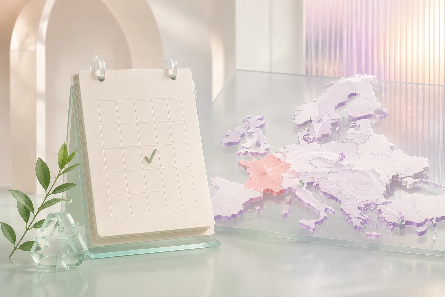 Calendrier coché, symbole de recyclage et carte d'Europe avec la France en évidence : fabrication à la demande, production responsable et livraison en Europe Calendrier coché, symbole de recyclage et carte d'Europe avec la France en évidence : fabrication à la demande, production responsable et livraison en Europe