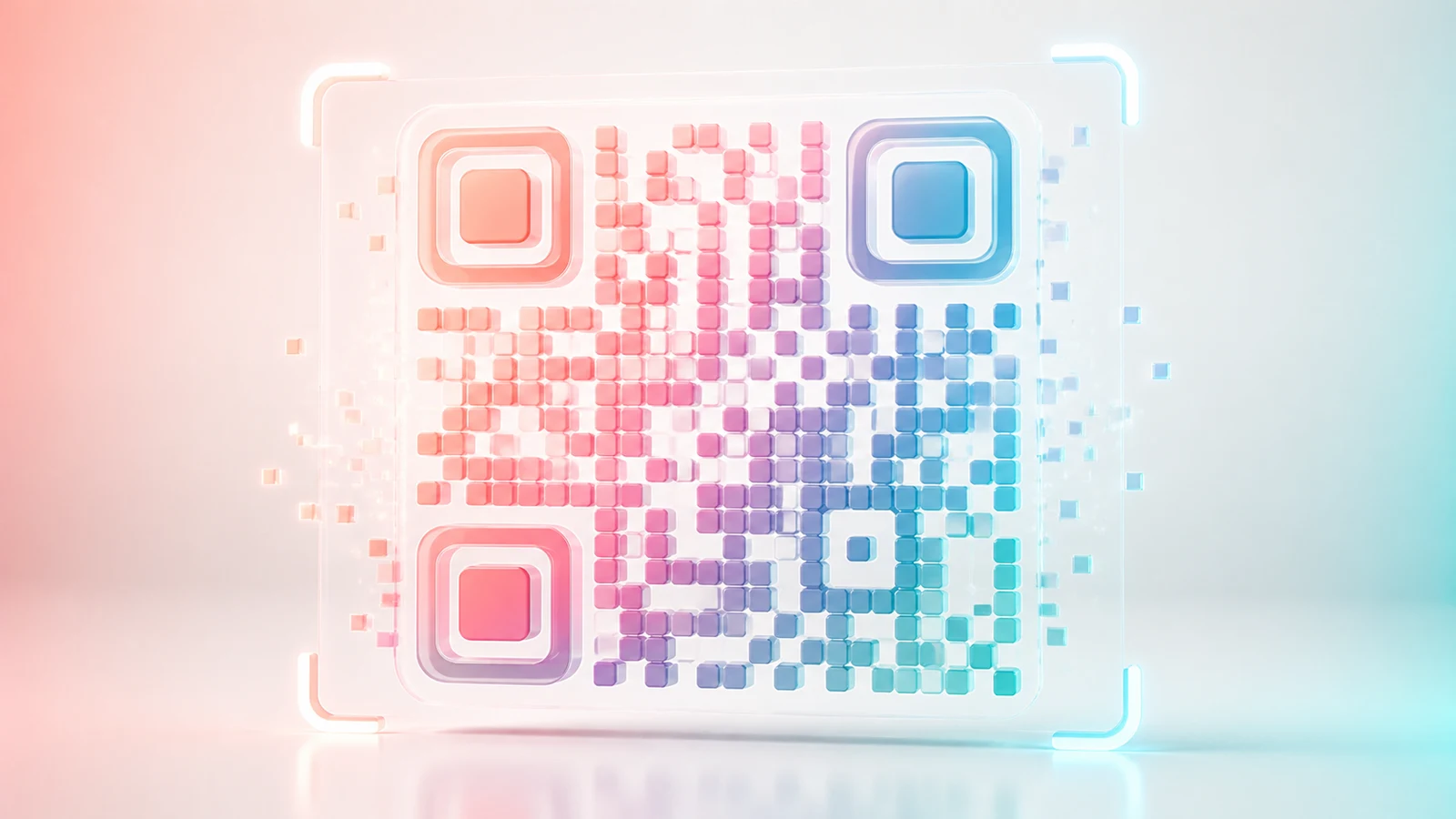 Un QR code en relief aux couleurs de wearcode, dégradé du rose au bleu, sur fond clair
