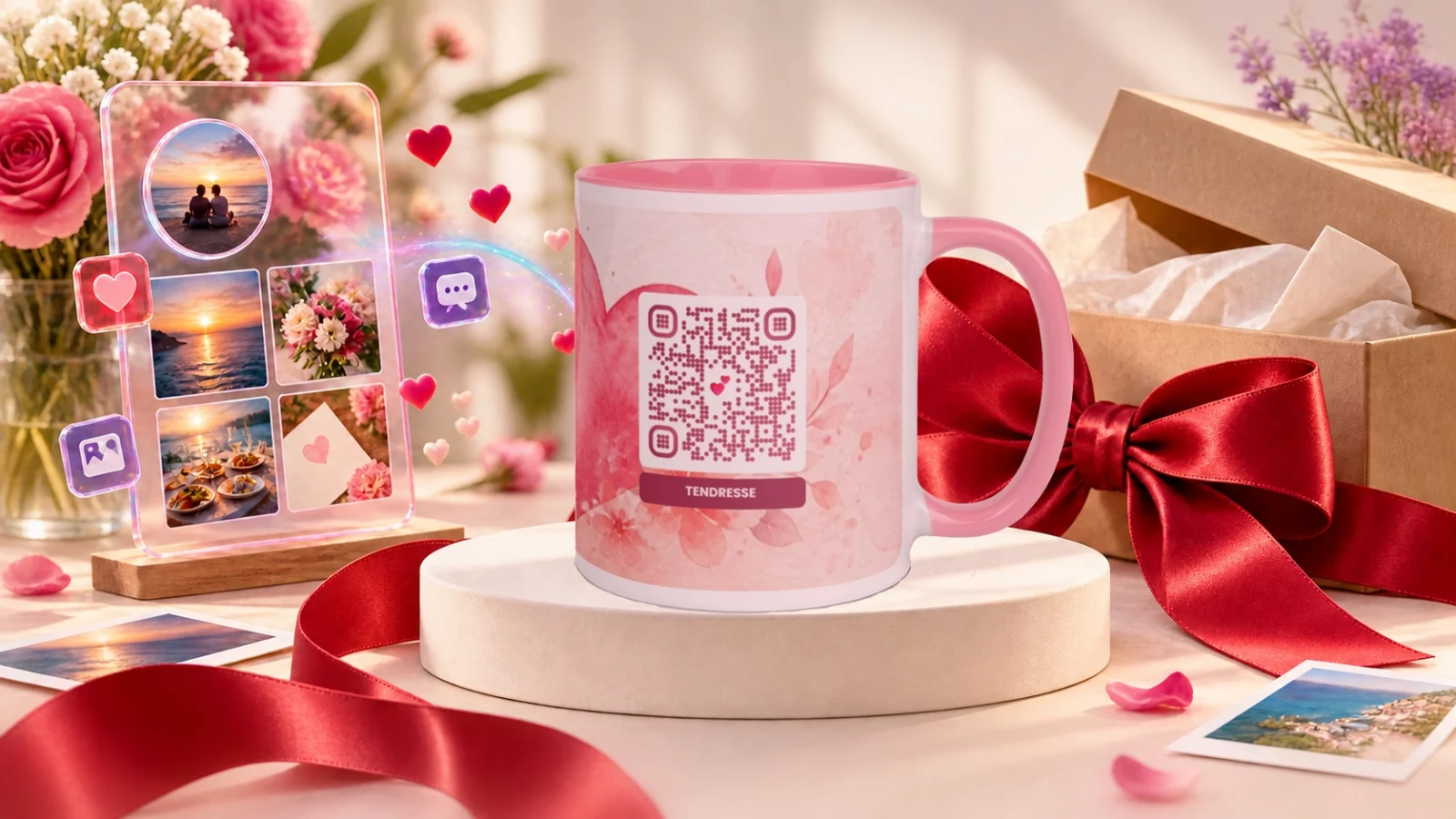 Un mug imprimé d un QR code aquarelle, à côté de la page de souvenirs qu il ouvre et d un coffret cadeau Un mug imprimé d un QR code aquarelle, à côté de la page de souvenirs qu il ouvre et d un coffret cadeau