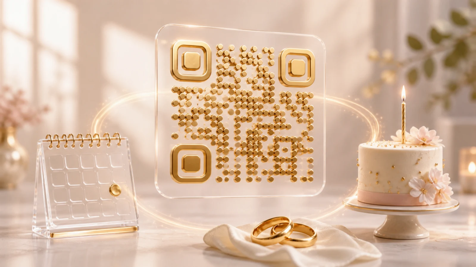 QR code doré posé près des alliances et de la pièce montée d'un mariage
