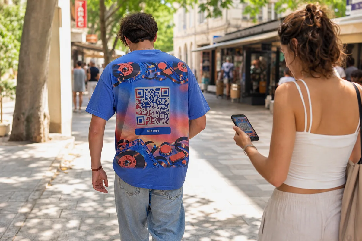 Un homme marche de dos avec un t-shirt à QR code ; derrière lui, une passante le scanne avec son téléphone sans qu'il s'en aperçoive Un homme marche de dos avec un t-shirt à QR code ; derrière lui, une passante le scanne avec son téléphone sans qu'il s'en aperçoive