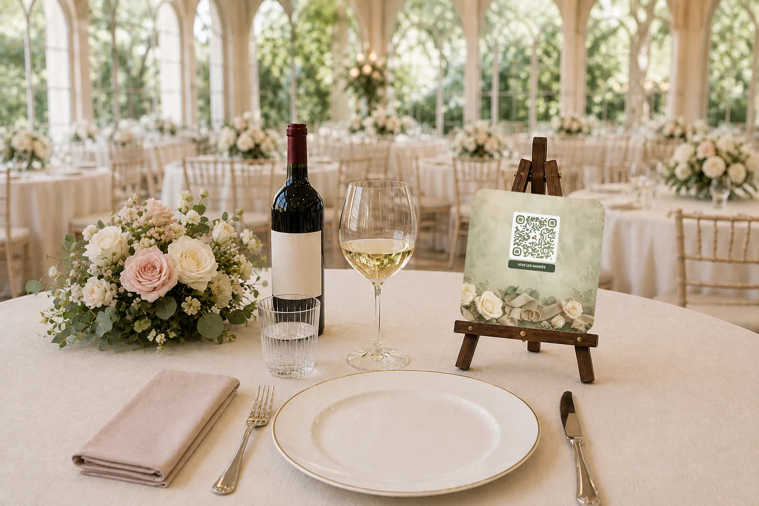 Sous-verre à QR code « Vive les mariés » sur un chevalet, à une place de table de mariage Sous-verre à QR code « Vive les mariés » sur un chevalet, à une place de table de mariage