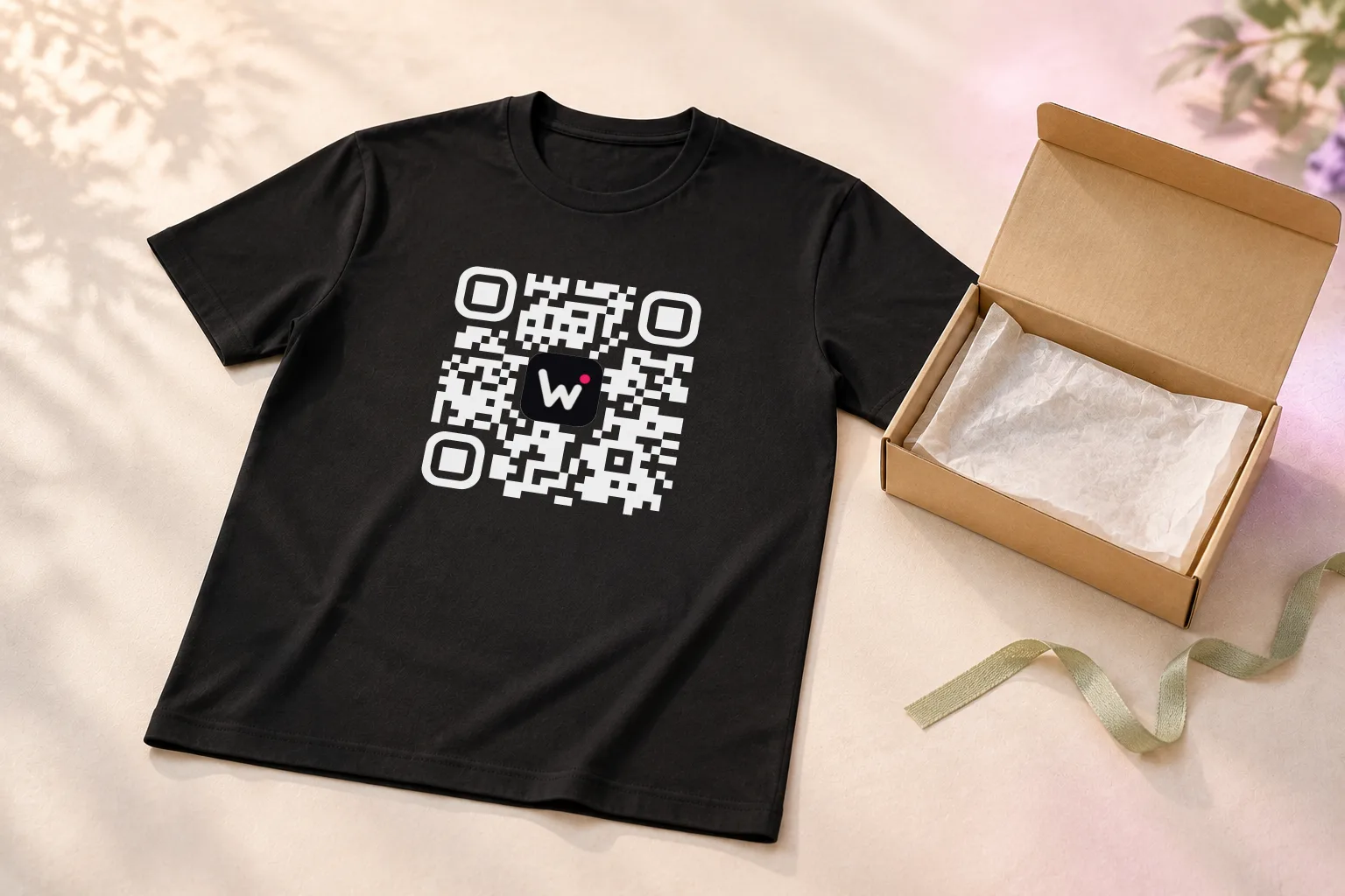 T-shirt noir imprimé d'un grand QR code, posé à côté d'un colis ouvert garni de papier de soie, prêt pour un envoi à l'unité T-shirt noir imprimé d'un grand QR code, posé à côté d'un colis ouvert garni de papier de soie, prêt pour un envoi à l'unité
