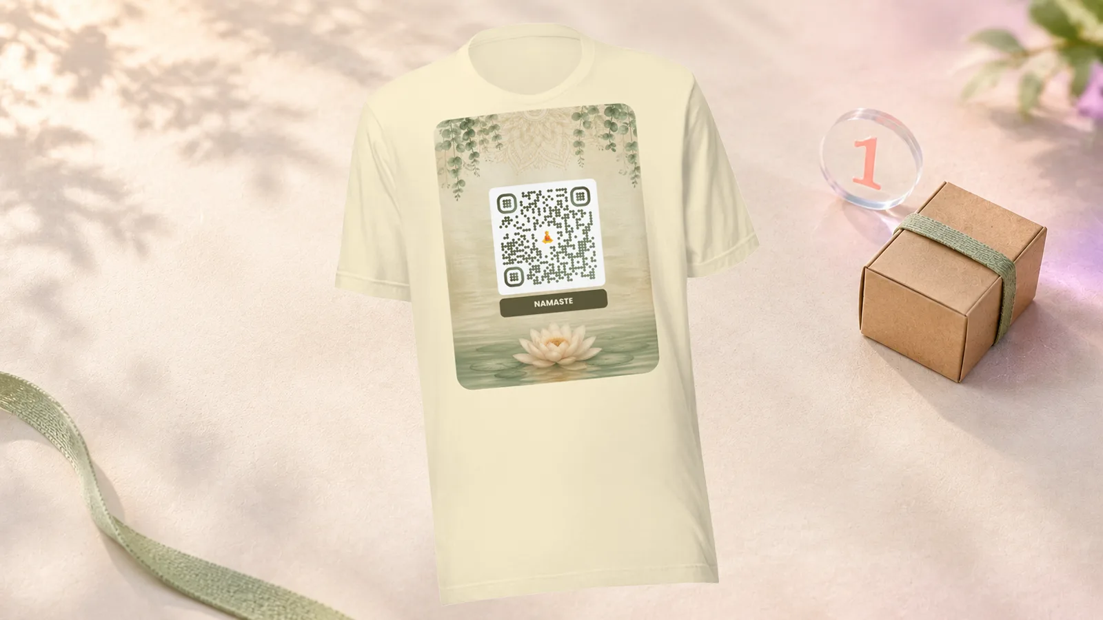 T-shirt crème imprimé d'un QR code personnalisé, posé près d'un colis et du chiffre 1 : un seul exemplaire, prêt à partir T-shirt crème imprimé d'un QR code personnalisé, posé près d'un colis et du chiffre 1 : un seul exemplaire, prêt à partir