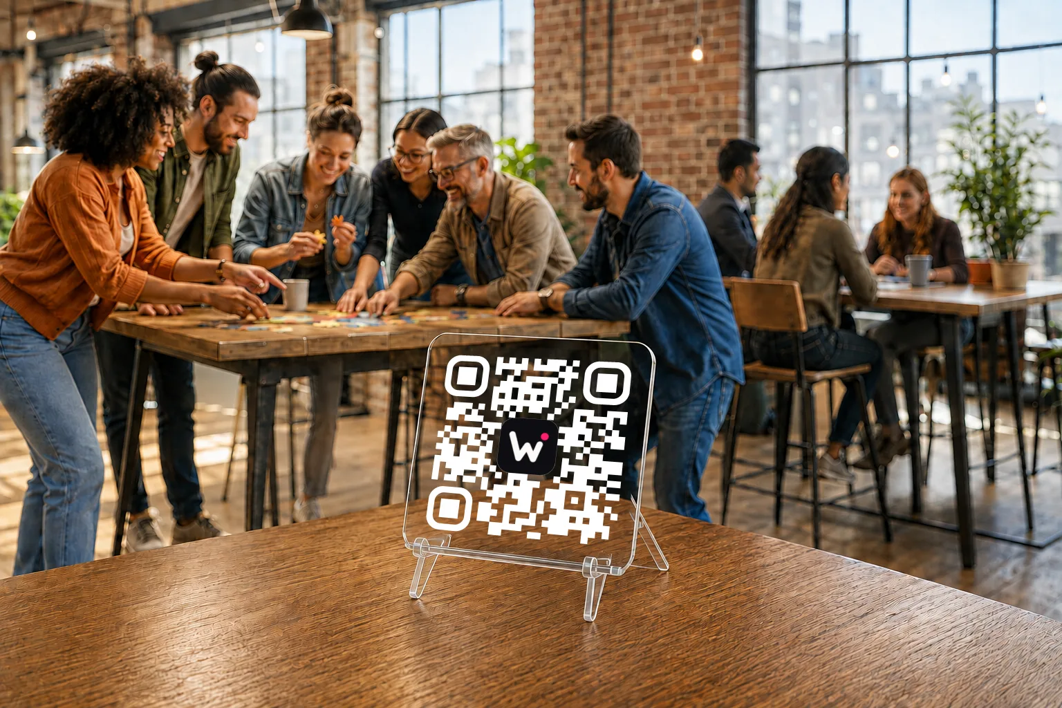 Plaque QR code Wearcode sur un chevalet transparent, posée sur une table pendant un atelier de team building en entreprise Plaque QR code Wearcode sur un chevalet transparent, posée sur une table pendant un atelier de team building en entreprise