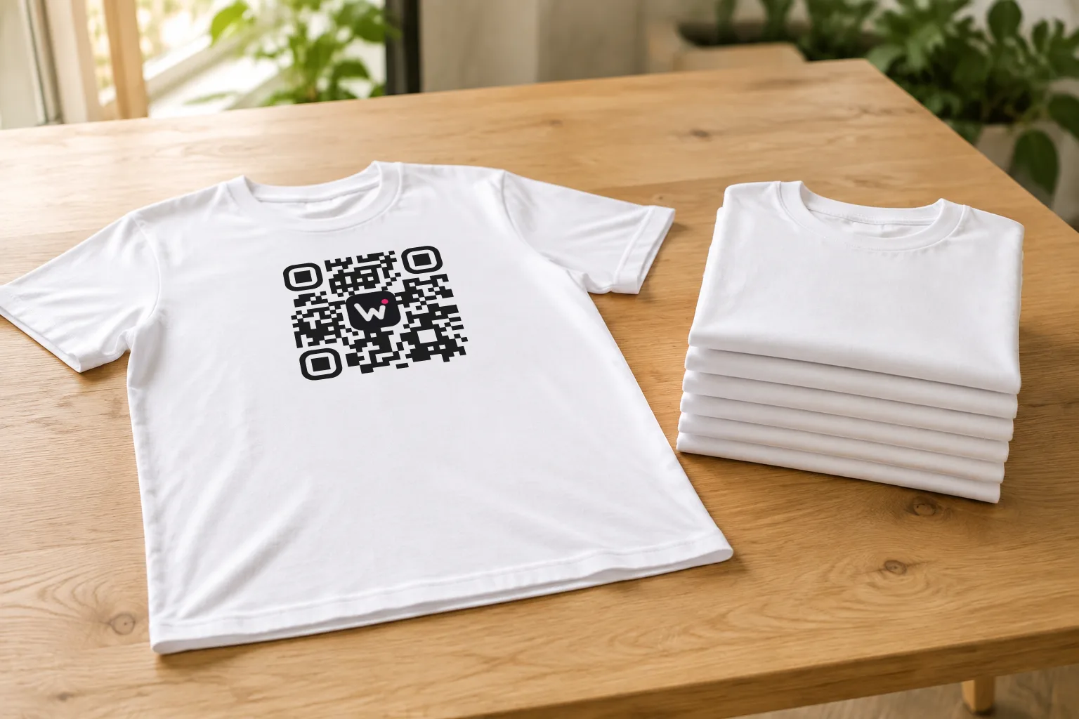 Un t-shirt blanc imprimé d'un QR code posé à côté d'une pile de t-shirts pliés : de l'exemplaire unique à la commande en volume Un t-shirt blanc imprimé d'un QR code posé à côté d'une pile de t-shirts pliés : de l'exemplaire unique à la commande en volume