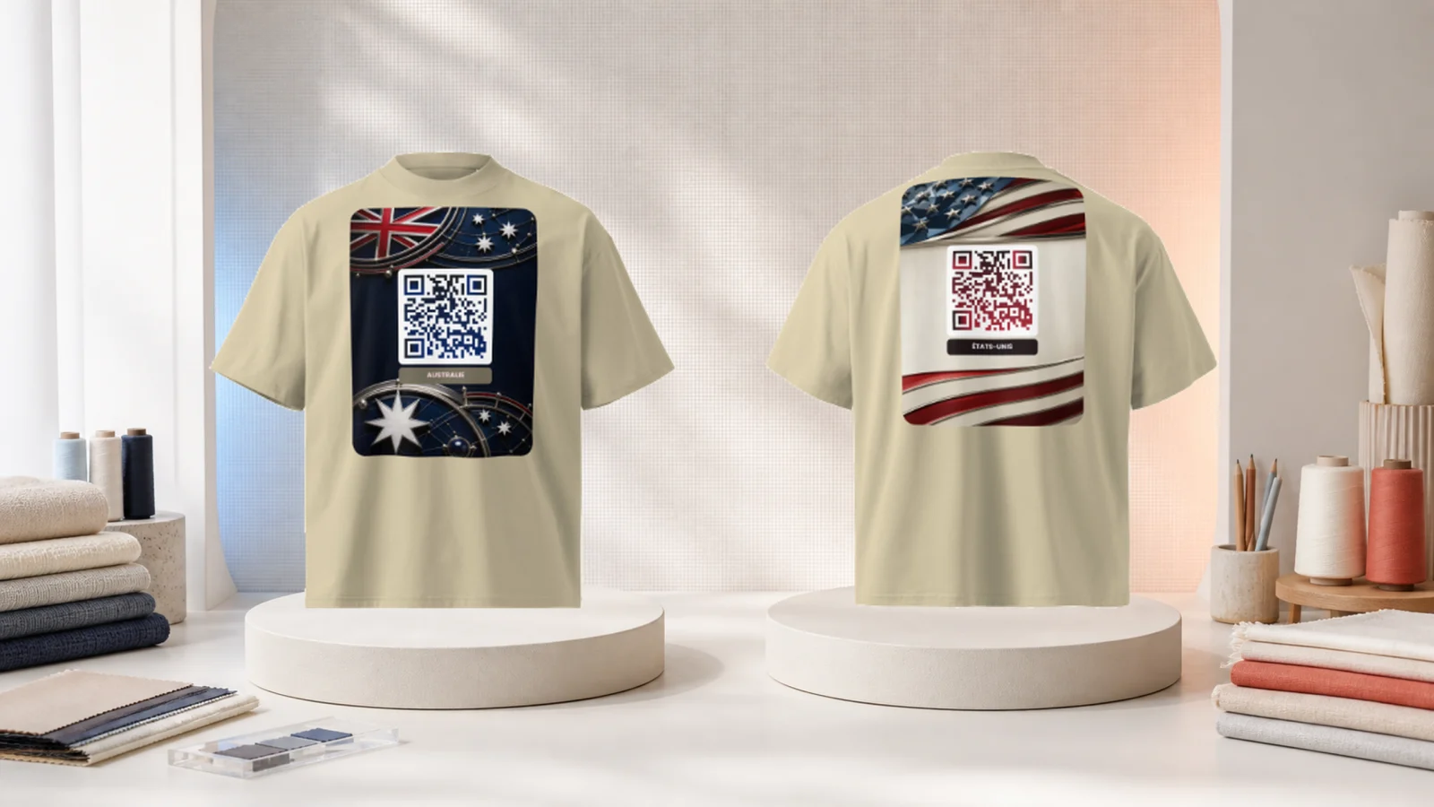 Un t-shirt vu de face et de dos, chacun avec son propre QR code Un t-shirt vu de face et de dos, chacun avec son propre QR code