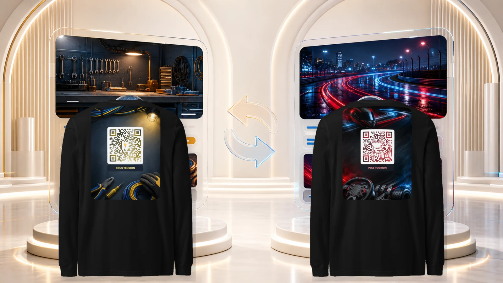 Deux t-shirts noirs à manches longues vus de dos : l'un porte un QR code au thème électricien, l'autre un QR code au thème sim racing, chacun devant la page qu'il ouvre Deux t-shirts noirs à manches longues vus de dos : l'un porte un QR code au thème électricien, l'autre un QR code au thème sim racing, chacun devant la page qu'il ouvre