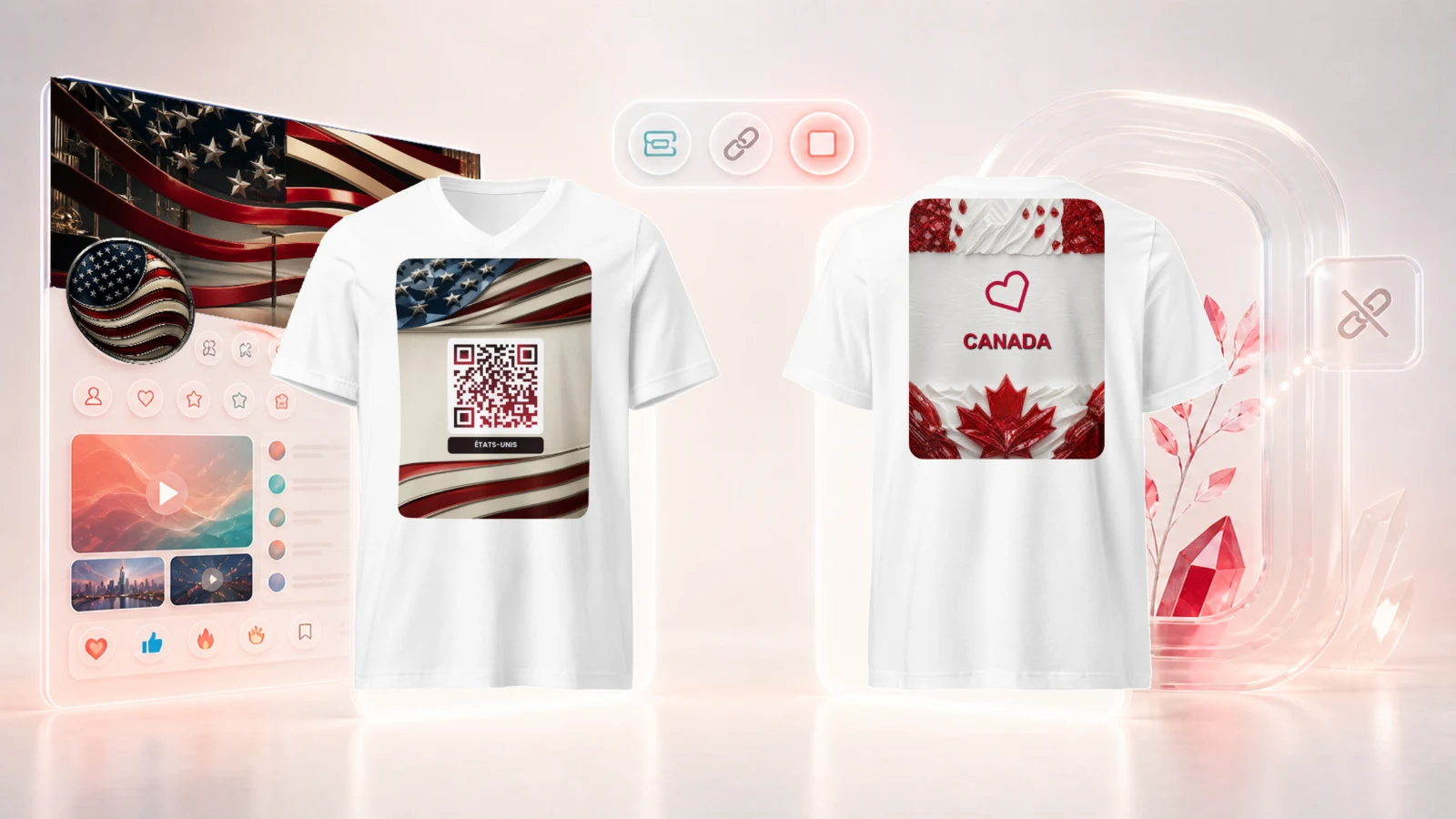 T-shirt blanc à col V : au devant un QR code aux couleurs des États-Unis qui ouvre sa page, au dos un motif Canada sans QR code