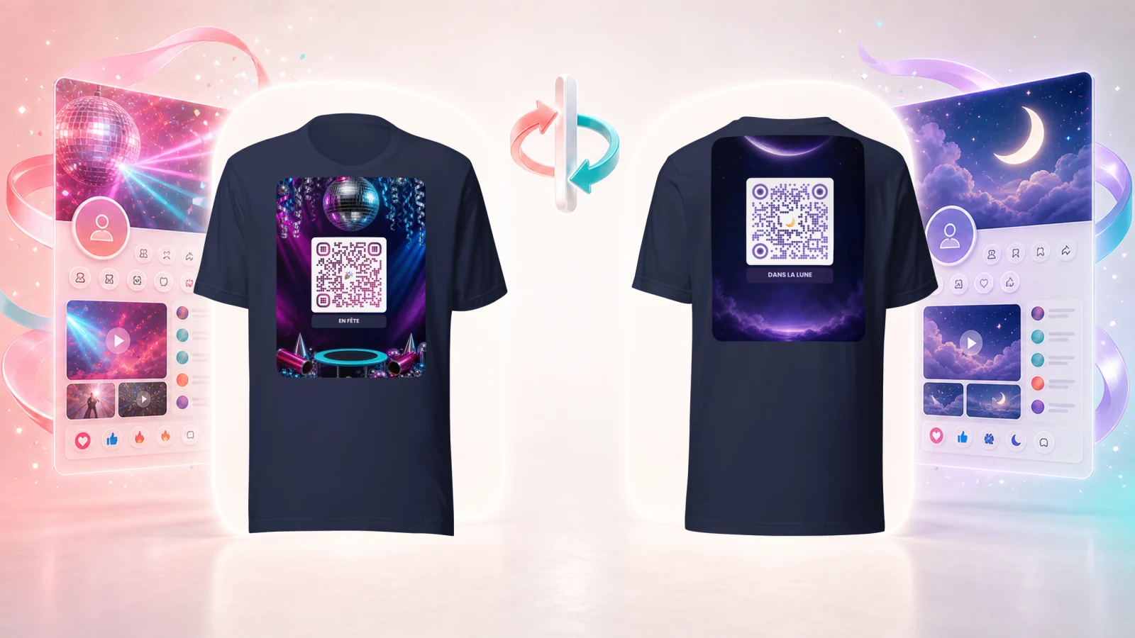 T-shirt wearcode vu de face et de dos, avec deux QR codes différents ouvrant chacun sa propre page